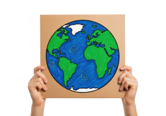 Hands holding a cardboard sign with a handdrawn globe, symbolizing earth, environmental protection, and sustainability, isolated on white isolated on transparent background