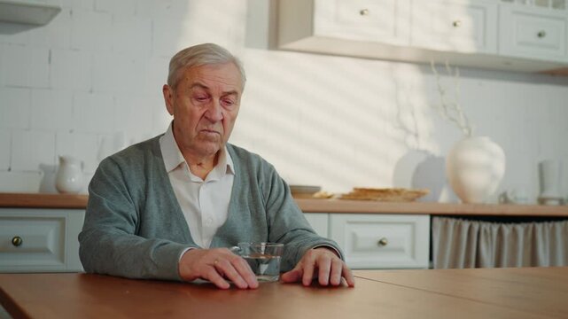 Portrait of single senior man at home kitchen, loneliness and aging of people. Grandfather sitting alone in room, widower feeling sadness and melancholy, healthcare and healthy lifestyle in old age