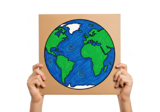 Hands holding a cardboard sign with a handdrawn globe, symbolizing earth, environmental protection, and sustainability, isolated on white isolated on transparent background - Powered by Adobe