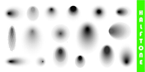 Vector round halftone gradient textures. Set of halftone dots pattern. Dotted spots in circle silhuettes on white background.
