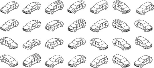 Isometric Car Line Art Vector Illustration Set, Detailed Automobile Collection, Various Vehicle Models, Sedan and Wagon, Transport and Traffic, Outlined Icon Graphics, Isolated on White Background for