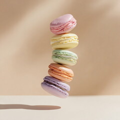 stack of pastel macarons levitating over a white surface, subtle shadows, minimal food shot
