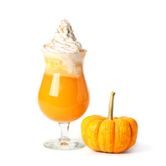 Glass of orange pumpkin spice latte with whipped cream isolated on white background