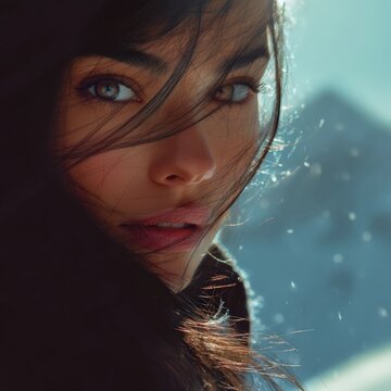 Primer plano de una mujer con ojos penetrantes y un toque de misterio en un entorno nevado.