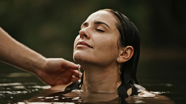 Woman receiving a Christian baptism in nature. Religious ritual of purification and spiritual rebirth. Sacrament of faith.