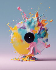 vinyl record with colourful paint splash frozen in mid-air, pastel backdrop, high resolution