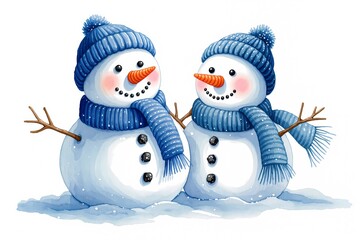 Cute watercolor snowmen couple wearing blue knitted hats and scarves. Winter holiday illustration of two funny characters for Christmas or New Year greeting card isolated on white background.