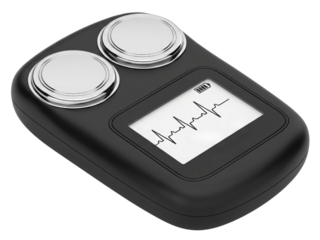 Portable black heart rate monitor displaying heart rhythm on screen on a transparent background