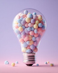 light bulb filled with tiny balloons inside, pastel background, clean studio shot