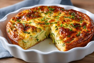 Zucchini frittata baked in white ceramic dish