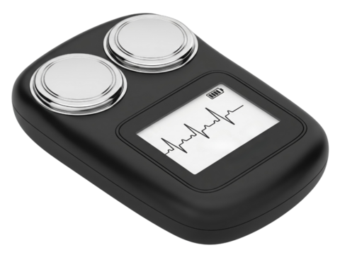 Portable black heart rate monitor displaying heart rhythm on screen on a transparent background