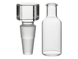 Empty clear glass pharmacy bottle with hexagonal stopper on a transparent background