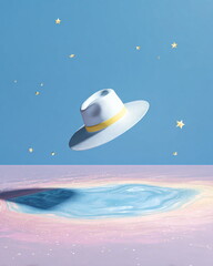 hat floating above a pastel surface, with small stars beneath as if levitating, white background