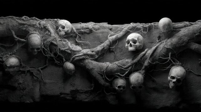 Una inquietante escena de esqueletos entrelazados con ra&iacute;ces y tierra.
