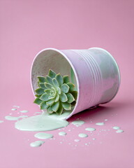 succulent plant in a pastel paint bucket tipping over, paint spilling, white background, fun object portrait