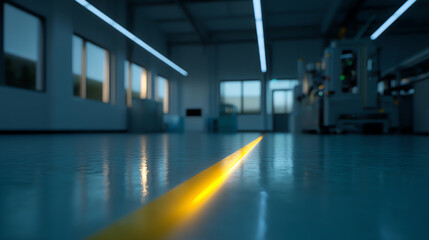 A modern industrial workshop features a clean, polished floor with a glowing yellow line leading through a spacious, well-lit room filled with machinery and large windows