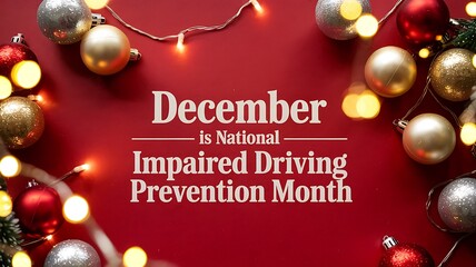 December is national impaired driving prevention month with festive holiday lights and ornaments on a red background