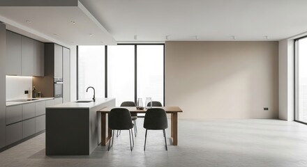 Fototapeta premium Modern minimalist kitchen and dining room design showcasing the interior architecture.