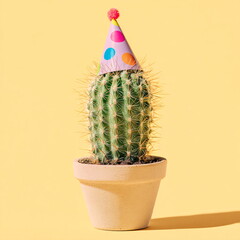 cactus wearing colourful party hat, clean pastel yellow background, quirky object photo