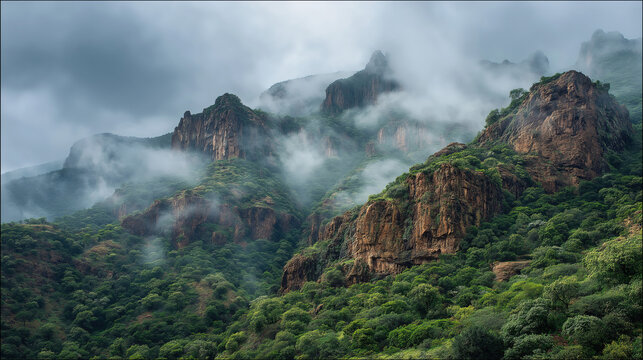 Person overlooking misty city from mountain peak for travel adventure theme design inspirational content - Powered by Adobe