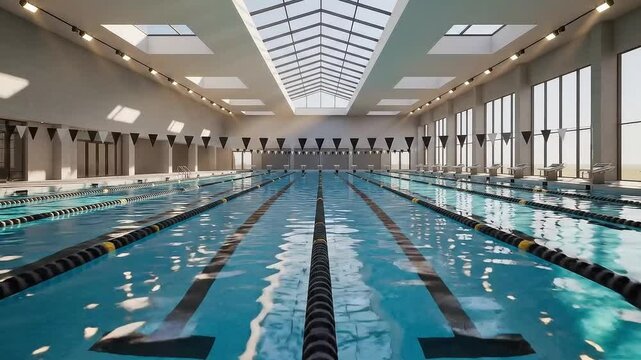Spacious modern indoor swimming pool with marked lanes, naturally lit by overhead skylights, offering a pristine environment for aquatic fitness and training