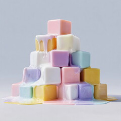 stacked pastel cubes melting like ice cream, white studio background, creative modern still-life