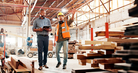 Carpentry, pointing and people on tablet in workshop for planning, construction and woodworking...