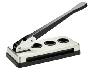 Metal three-hole paper punch tool for office documents on a transparent background