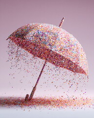 pastel umbrella raining glitter, white background, surreal high-resolution still-life