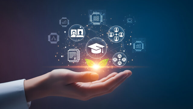 Cohort based learning and digital education ecosystem with graduation, documents, and connected user icons
Modern e‑learning networks, micro‑credentials, and collaborative digital education for profes