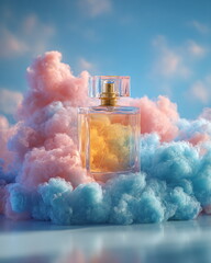 perfume bottle releasing pastel smoke clouds, soft blue background, luxury surreal still-life