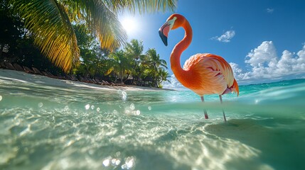 Flamingo standing in clear tropical beach water