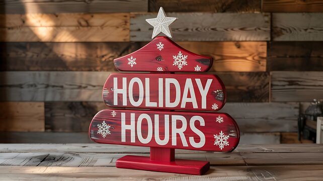 Rustic red christmas tree decoration with holiday hours signage on wooden background for festive seasonal display