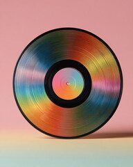 vinyl record with rainbow gradient grooves, pastel background, clean studio still-life