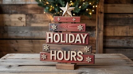 Rustic wooden christmas tree decoration with holiday hours sign and star topper on distressed wood background