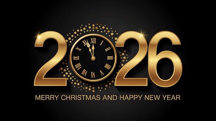 Elegant golden numerals 2026 with vintage clock face and festive confetti celebrating the upcoming new year and christmas holidays