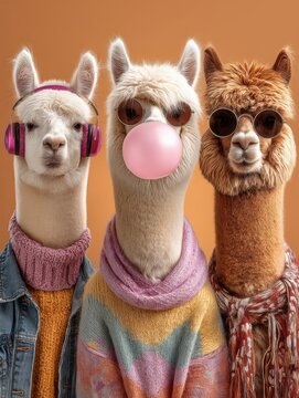 Tres alpacas con estilo, una mascando chicle.
