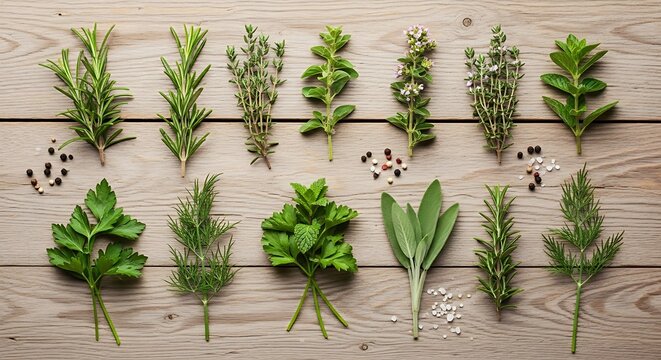 Fresh Aromatic Herbs and Spices on a Rustic Wooden Background.
