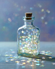 glass bottle filled with tiny glowing stars, pastel blue background, whimsical still-life