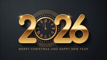 Golden 2026 numerals with a clock face and intricate mandala pattern on a dark background celebrating the new year