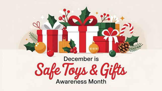 Festive holiday gift boxes and decorations celebrate december safe toys and gifts awareness month with red ribbons and holly
