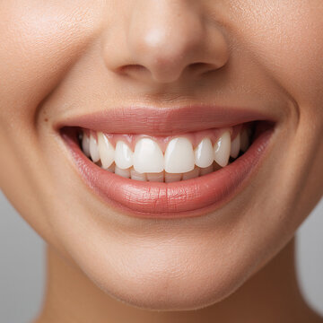 Close-up of woman lower face with healthy perfect white teeth and beautiful smile dental care and oral hygiene concept isolated on grey background