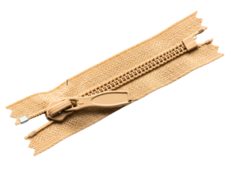 Beige plastic zipper fastener with open slider for sewing on a transparent background