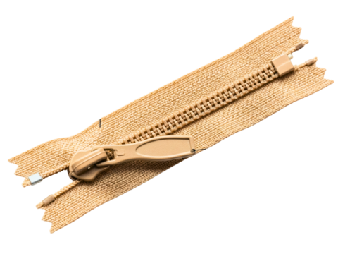 Beige plastic zipper fastener with open slider for sewing on a transparent background