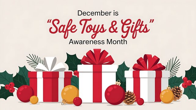 December is safe toys and gifts awareness month with festive holiday decorations and gift boxes promoting child safety