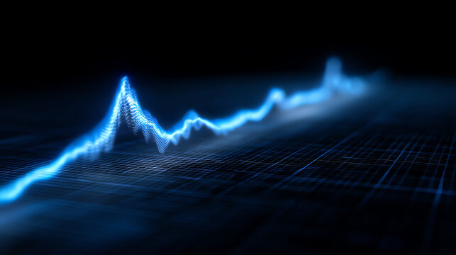 Blue glowing waveform with peaks and valleys displayed on a dark grid background, representing data, sound, or signal analysis in a futuristic digital environment
