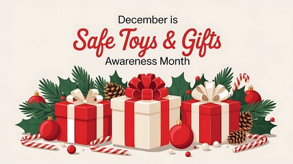 December safe toys and gifts awareness month graphic featuring festive red and white wrapped presents adorned with pine branches and ornaments