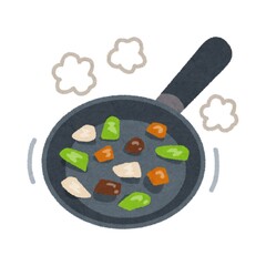 frying pan with vegetables and meat