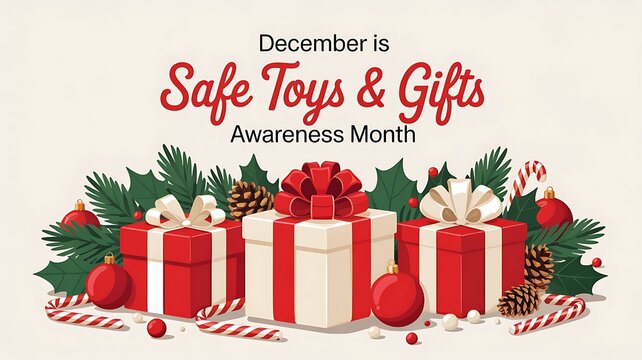 December safe toys and gifts awareness month graphic featuring festive red and white wrapped presents adorned with pine branches and ornaments
