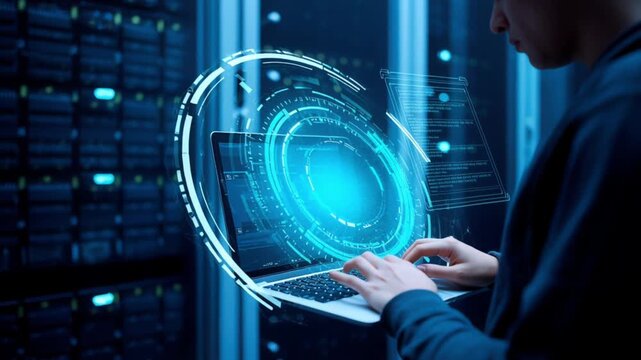 video of person using laptop inside modern server room with glowing futuristic technology mood
